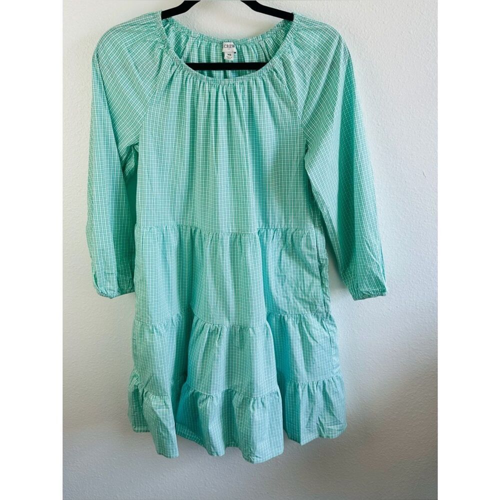 J. Crew Factory Green White Tiered Plaid Mini Dress Size XS